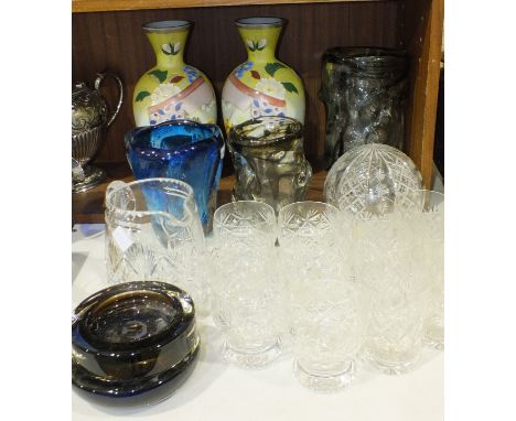 A pair of late-19th century opaque glass vases with floral and leaf enamel decoration, 29cm high, three large art glass vases