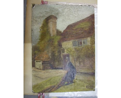 R Massy Greene, 'Cottage at Netley, Surrey', a naïve oil on board, signed with initials and dated 1884, 23 x 33cm, unframed, 