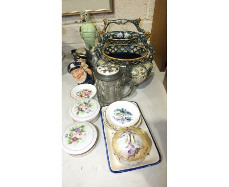 A 20th century ceramic model of a parrot, a pair of Romano ceramic basket vases and a quantity of modern ceramics, glass and 