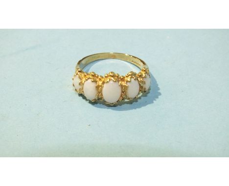 A five-stone opal 9ct gold ring, size N, 3.3g.