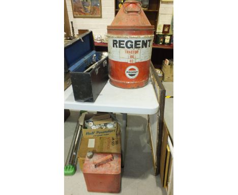 A Regent Tractor Oil 40 conical can, 51cm high, a Valor Petroleum Spirit can, a Hawkes &amp; Son 'The Empire' trumpet in case