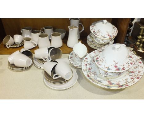 Approximately thirty-five pieces of Poole two-tone chocolate-coloured tea ware, (undamaged), a collection of Minton bone chin