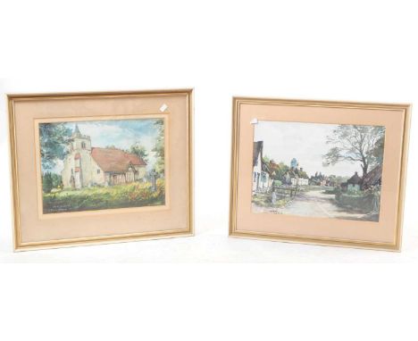 Two Ivy E Smith watercolour paintings. Each painting framed and glazed, one depicting a church the other a village scene. Eac