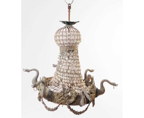 An early 20th century circa 1920s glass and brass swan neck ceiling light / chandelier. With repeating glass crystal lozenge 