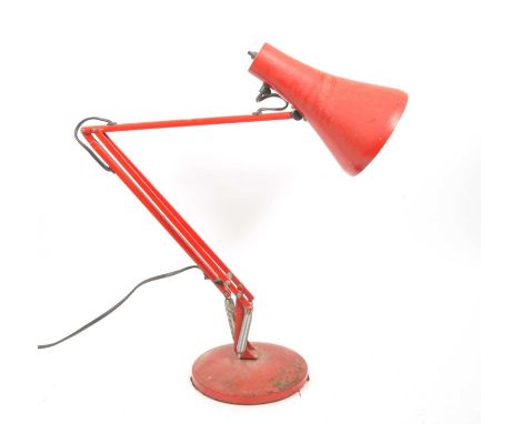 Herbert Terry - A mid Century retro red industrial factory anglepoise table lamp light, model 90. Having conical tapering sha