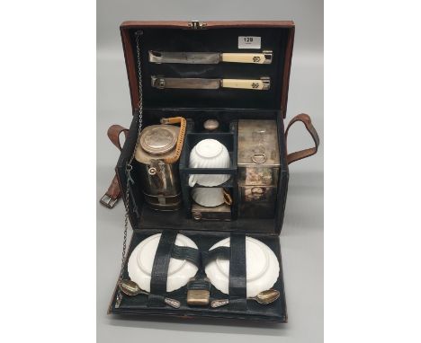 C.1910 Veteran-era leather cased two-person picnic set, by A Barrett &amp; sons Piccadilly, Initials engraved to each of the 