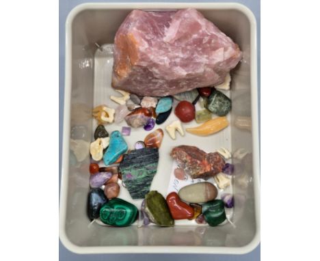 Tub of mixed Geode and gem stones; large pink quartz stone, green Ruby zoisite, Malachite, blood stone, Moss agate, Red Jaspe