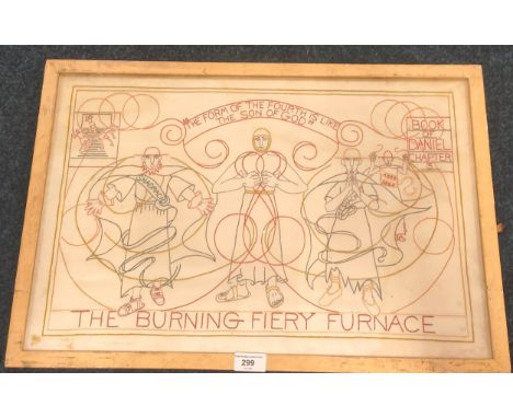 Arts &amp; crafts religious tapestry titled 'The form of the fourth is like the son of god' 'The burning fiery furnace' [Fram