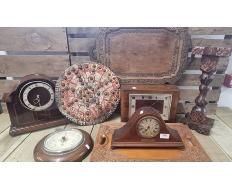 A crate of wooden carved items &amp; mantle clocks; large carved wooden candle stick, Edwardian inlaid mantle clock, Wood, pa