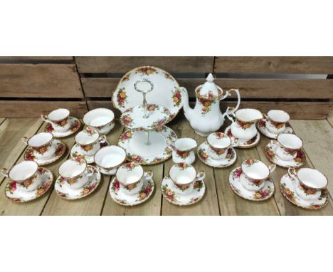 Royal Albert Old Country Roses pattern coffee/ tea service; coffee pot, two tier cake plate, sugar &amp; cream 
