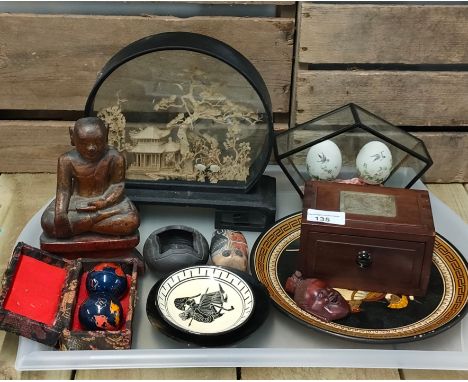A tray of Oriental collectables; Chinese cork scene diorama, hand painted bird scene egg displays &amp; jade ingot topped box