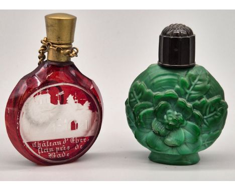 Antique ruby cut glass French perfume bottle and art deco inspired floral design malachite glass perfume bottle. original sto