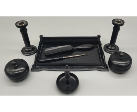 Art deco Ebony Dressing Table Set, Pair of candlesticks, preserve pots, shoe horn and button hook. 