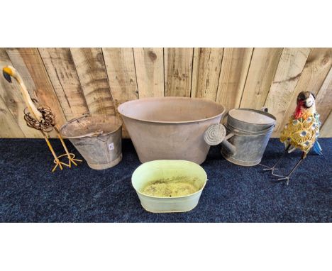 A selection of garden metal ware; Large basin, tin pails, watering can &amp; other items 