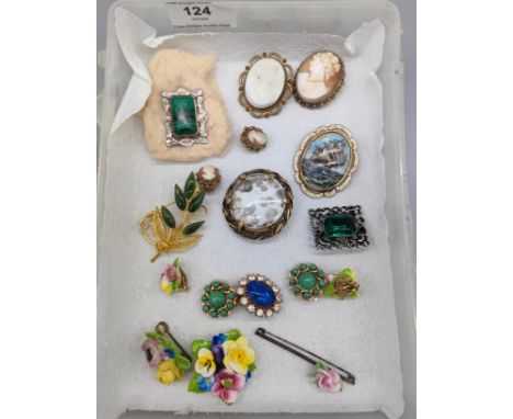 A Selection of costume jewellery brooches &amp; earrings; cameo brooches &amp; matching earrings, Galleon enamel brooch and p
