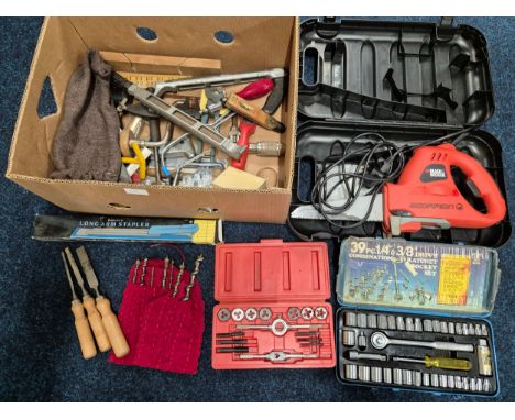 A collection of vintage tools, drill bits, chisels, vintage tools tap &amp; die sets &amp; black n decker saw 