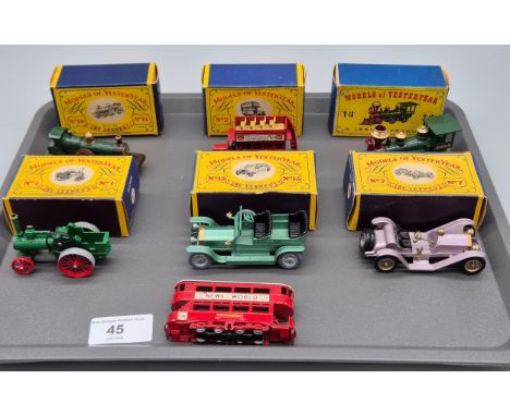 Tray of boxed vintage Models of Yesteryear by Lesney. No.1 Alchin Y-1 Traction Engine, B-Type Y-2 London bus, Y-13 Sante FE S