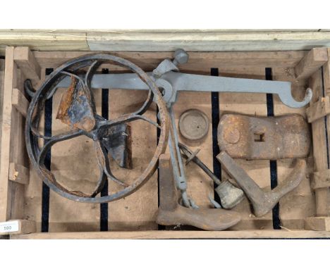 A Crate of antique salvage items; cast metal scales, shoe lasts &amp; other items 