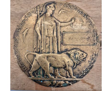 WWI Bronze Death plaque belonging to James Herd. 