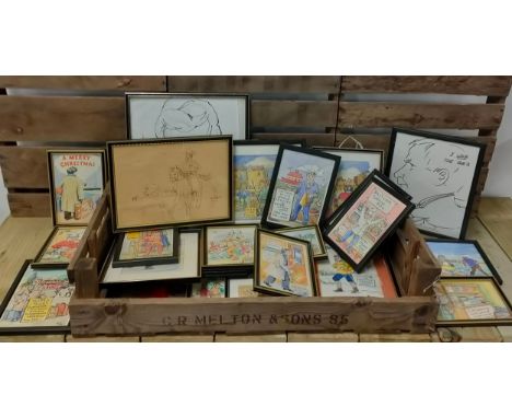 A large crate of pen and watercolour comical sketches; dating from 1980s &amp; 90s. Drawn by S.G. Pollock. Two caricatures on