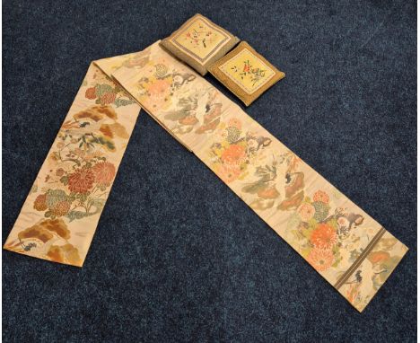 Japanese Maru Obi Silk Kimono Belt- full double side embroidery- crane and floral design. Together with two silk tapestry pil