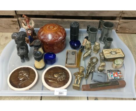 A tray of collectables; incense maya clay figure burner, antique pewter measures, antique spirit level, brass animals, Ronson