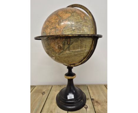 19th century French table top desk globe on a pedestal stand. Cast metal black painted base with gilt trim, brass circular di