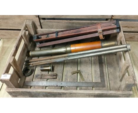 A Crate of interesting collectables; antique pull scope, antique tripod stands &amp; tri square 
