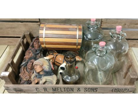 A Crate of collectables; Native American Indian raised relief wall plaques, Gypsy Caravan and horse figure, Caithness smoked 