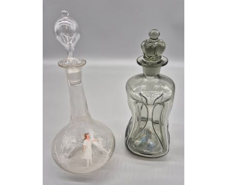 Holmegaard Denmark smoked kluk kluk glass decanter together with hand blown Victorian Mary Gregory glass decanter [30cm] 