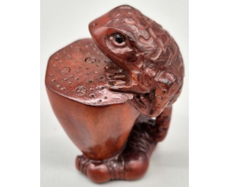 Japanese hand carved boxwood netsuke of toad climbing on a lotus bud. Signed. [5cm high] 