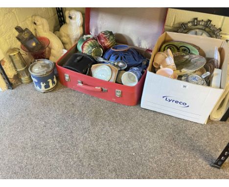 Large pair Staffordshire dogs, miners lamp, Wedgwood blue Jasper biscuit barrel, mantel clock, binoculars, etc.