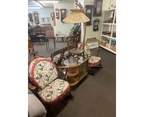 Pair Ercol Fleur De Lys back rocking chairs, vintage walnut cabinet, standard lamp and child's chair (4).