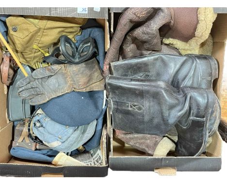 Two boxes of military items including bomber jacket, boots, RAF uniform by H. Edward & Sons Ltd, Prince of Wales swagger stic