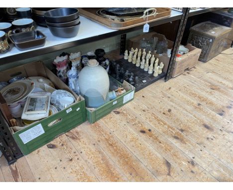 Collection of decorative porcelain, chess board with pieces, glass, Bush radio type A.C.11, His Majesty's Voice speaker and a