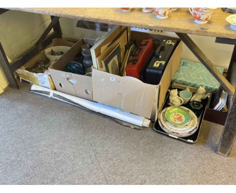 Collection of pottery, brief cases, prints, table lamp, etc.