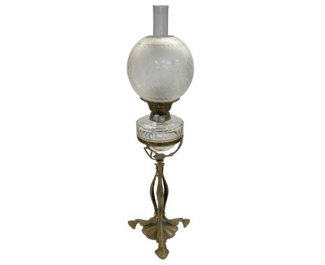 Art Nouveau oil lamp with etched shade, 75cm high.