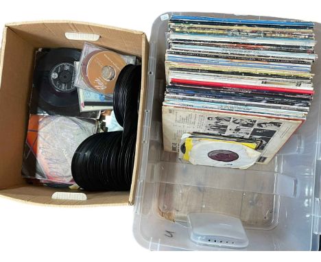 Two boxes of LP and single records including Beatles, Rolling Stones, Jimi Hendrix, Queen, Abba, etc.