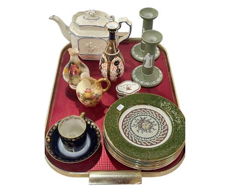 Pair of Wedgwood candlesticks, Castleford teapot, Royal Crown Derby vase, Royal Worcester jug and vase, Sévres cup and saucer