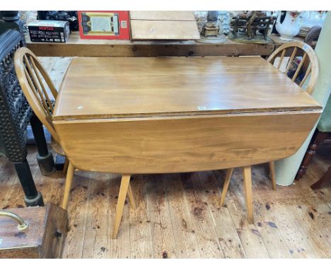 Ercol Windsor drop leaf dining table and pair Quaker back dining chairs.