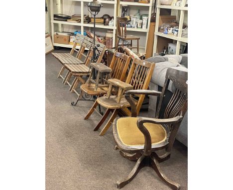 Early 20th Century swivel office desk chair, pair folding Bentwood chairs, two rustic stools, wrought iron telescopic standar
