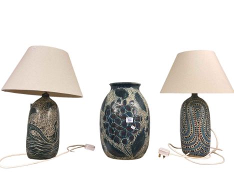 Ancient Mariner lamp table, two Studio Pottery table lamps and floral decorated vase.