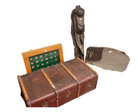 Wall mounted coin collectors display cabinet, vintage canvas trunk, tribal carving and three frameless wall mirrors (6).