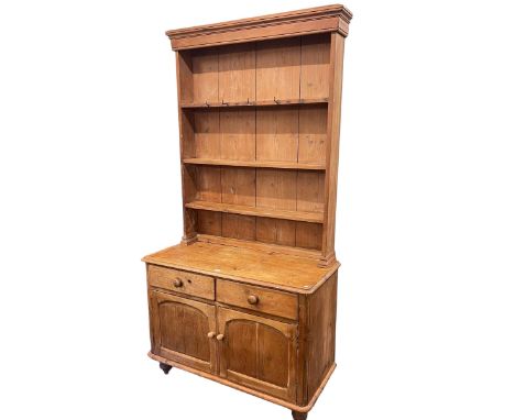 Victorian pine shelf back dresser, 206cm by 107cm by 49cm.