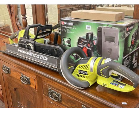 As new Arc Welder and collection of cordless garden tools.
