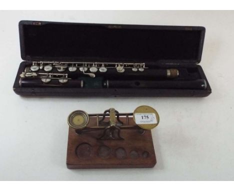 A Rudall Carte clarinet, cased, a set of brass postal scales, fireside accessories and other items (qty)