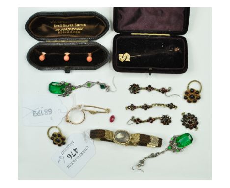 A 19th century hair plait bracelet, with hair locket clasp, a pair of paste drop earrings, and other jewellery   Condition re