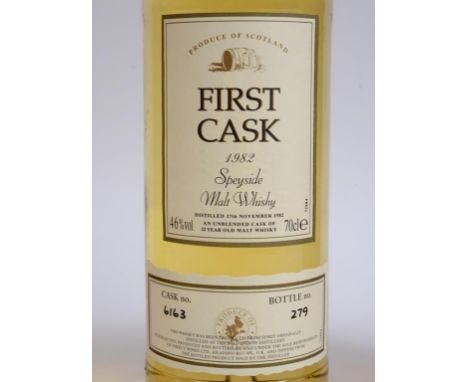 A bottle of Speyside First Cask malt whisky, 46% vol, Cask No 6163, Bottle No 279, 1982  See illustration