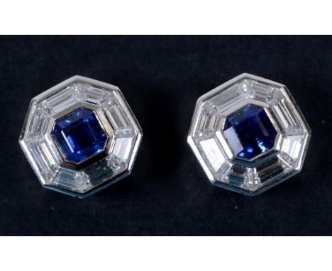 A pair of Art Deco style sapphire and diamond stud earrings  See illustration   Condition report  Report by NGStuds approx. 4