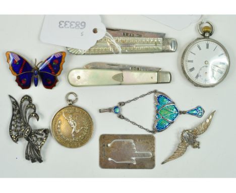 A silver and mother of pearl fruit knife, Sheffield 1878, another, a pocket watch, brooches and other items